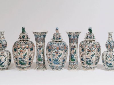 Garniture Of Polychrome Vases Antique Delft Pottery