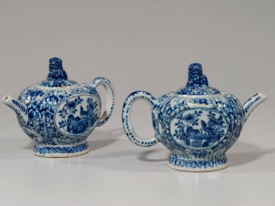 Antique Delft Pottery Pair Of Teapots