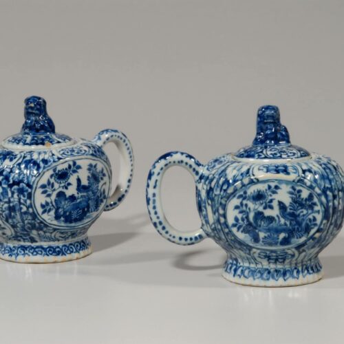 Antique Delft Pottery Pair Of Teapots