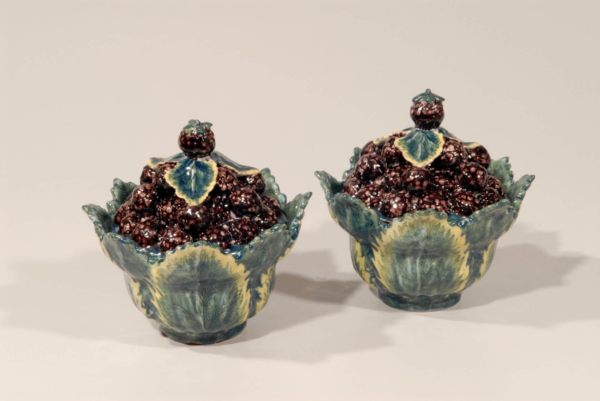 • D0741. Pair of Polychrome Blackberry Tureens and Covers