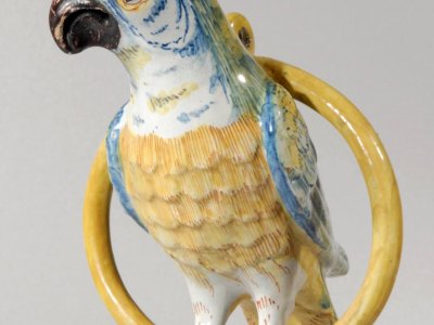 Antique Polychrome Figurine Of Parrot In Ring