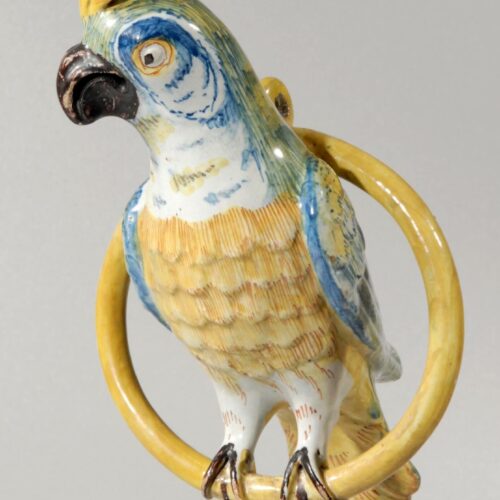 Antique Polychrome Figurine Of Parrot In Ring