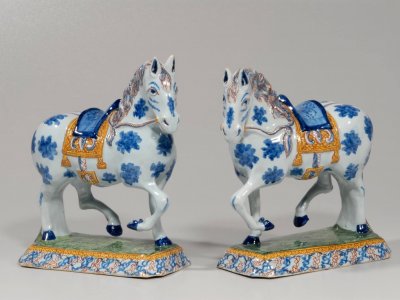 Antique Delft Pottery Of A Pair Of Horses