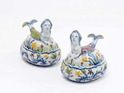 Dutch Delftware Pottery Polychrome Mermaid Form Butter Tubs