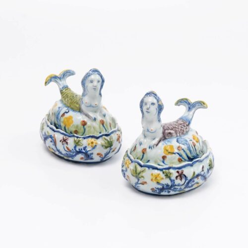 Dutch Delftware Pottery Polychrome Mermaid Form Butter Tubs