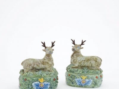 Dutch Delftware Pottery Polychrome Stag Butter Tubs