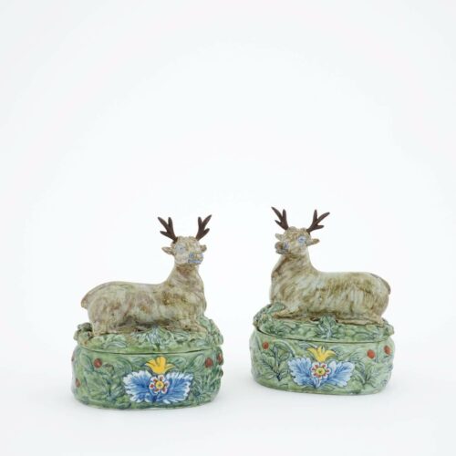 Dutch Delftware Pottery Polychrome Stag Butter Tubs