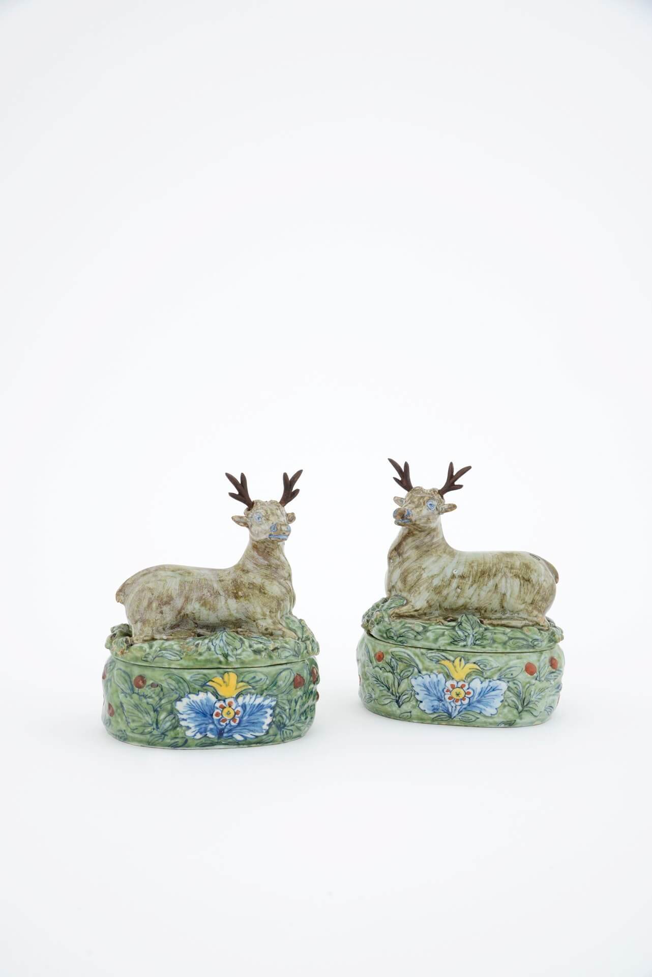 Dutch Delftware pottery polychrome stag butter tubs