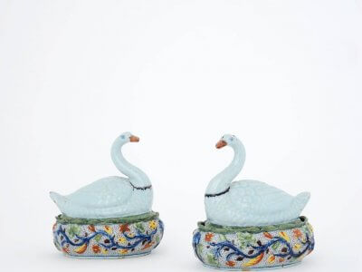 Dutch Delftware Pottery Polychrome Swan Butter Tubs