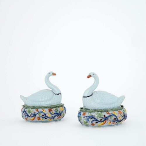 Dutch Delftware Pottery Polychrome Swan Butter Tubs