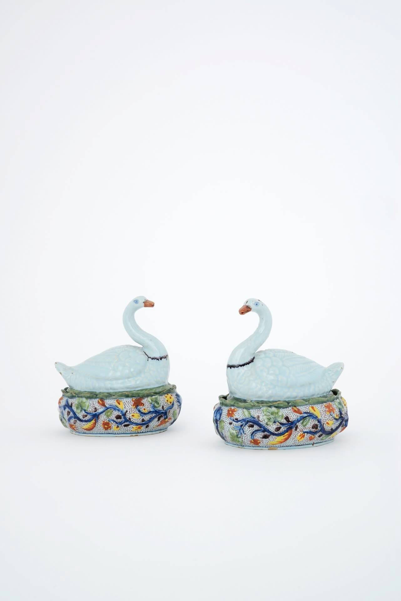 Dutch Delftware pottery polychrome swan butter tubs