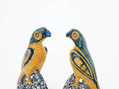 Antique Delftware Polychrome Pair Of Figures Parrots