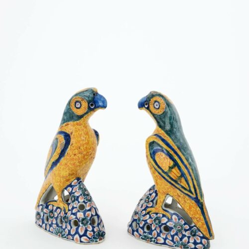 Antique Delftware Polychrome Pair Of Figures Parrots