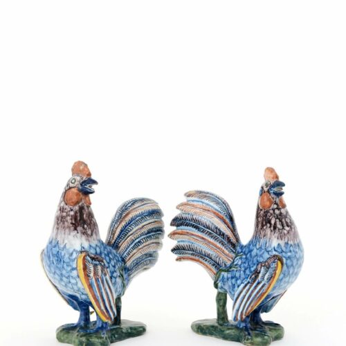 Pair Of Two Antique Cockerels In Polychromes Colors Of Delft Pottery