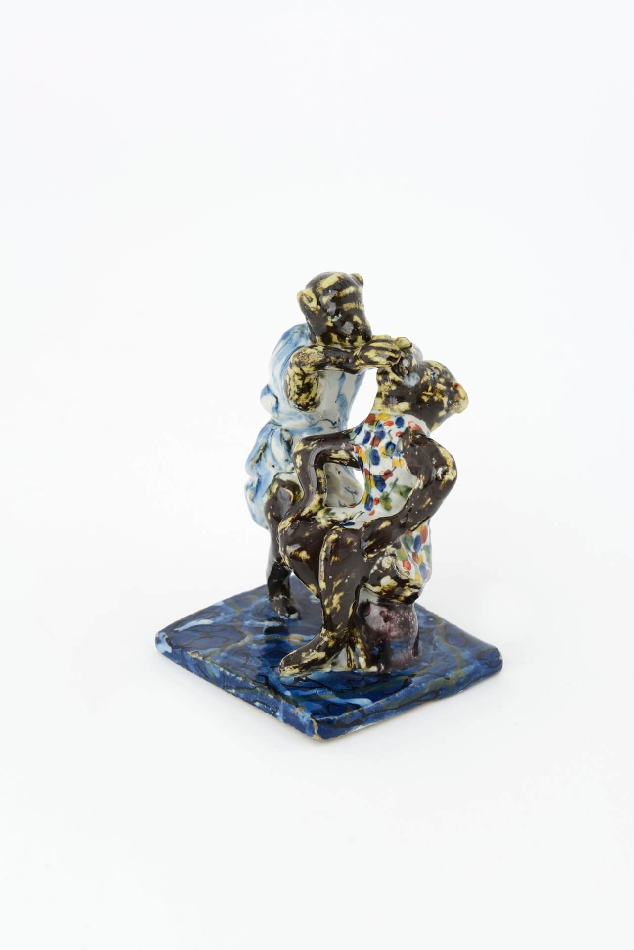 Antique polychrome Delft pottery of two monkeys