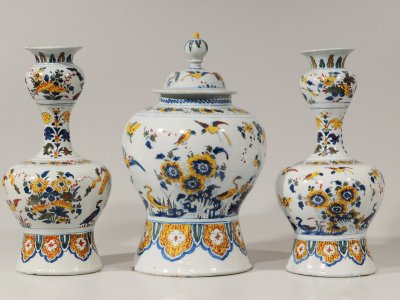Garniture Of Antique Ceramic Pottery Vases With One Cover