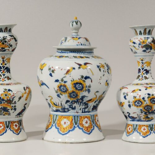 Garniture Of Antique Ceramic Pottery Vases With One Cover