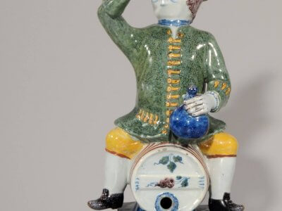 Aronson Antiquairs Old Antique Polychrome Figurine Of Man Sitting On Barrel