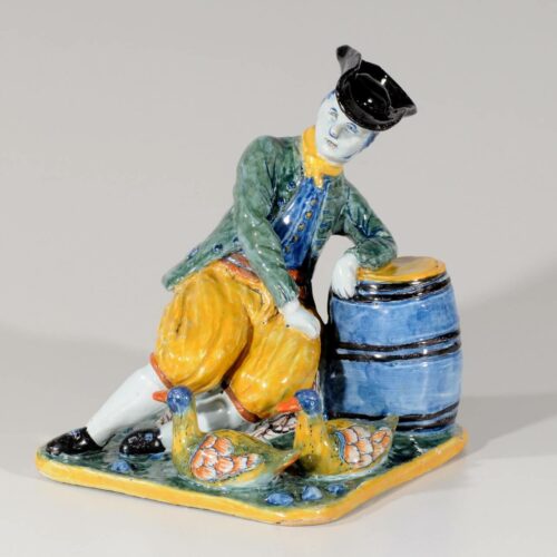 Antique Polychrome Figurine Of Man Hanging On Barrel