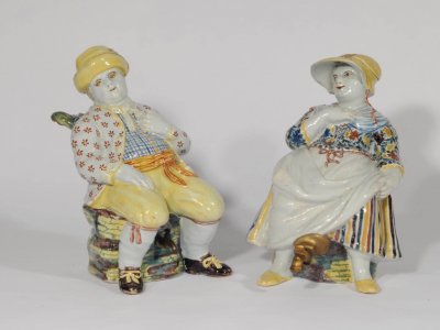 Antique Delft Pottery Duo Of Polychrome Man And Woman