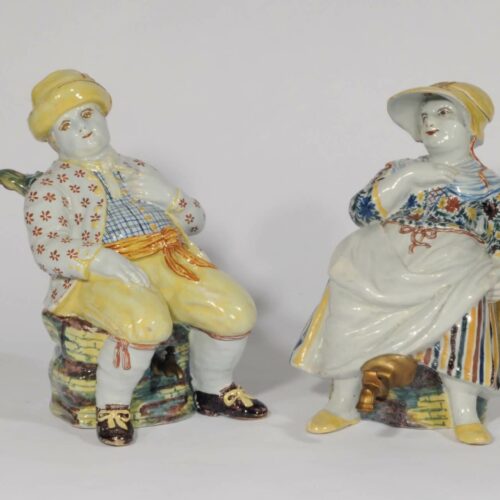 Antique Delft Pottery Duo Of Polychrome Man And Woman