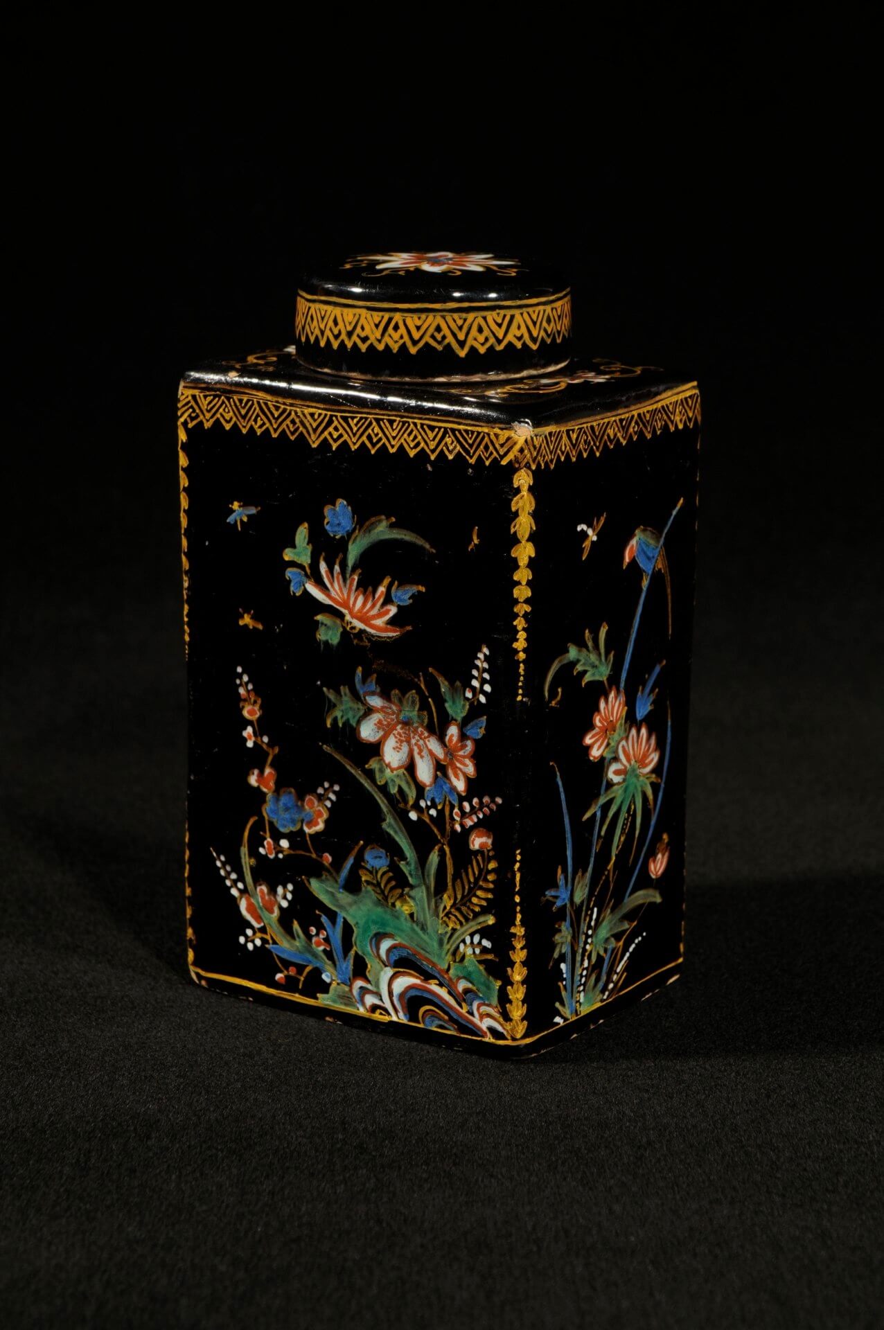 Black Dutch Delftware pottery of rectangular tea canister