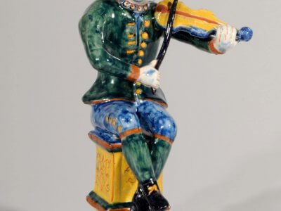 Ceramic Delft Pottery Figurine Of Man Playing Violin In Polychrome Colours