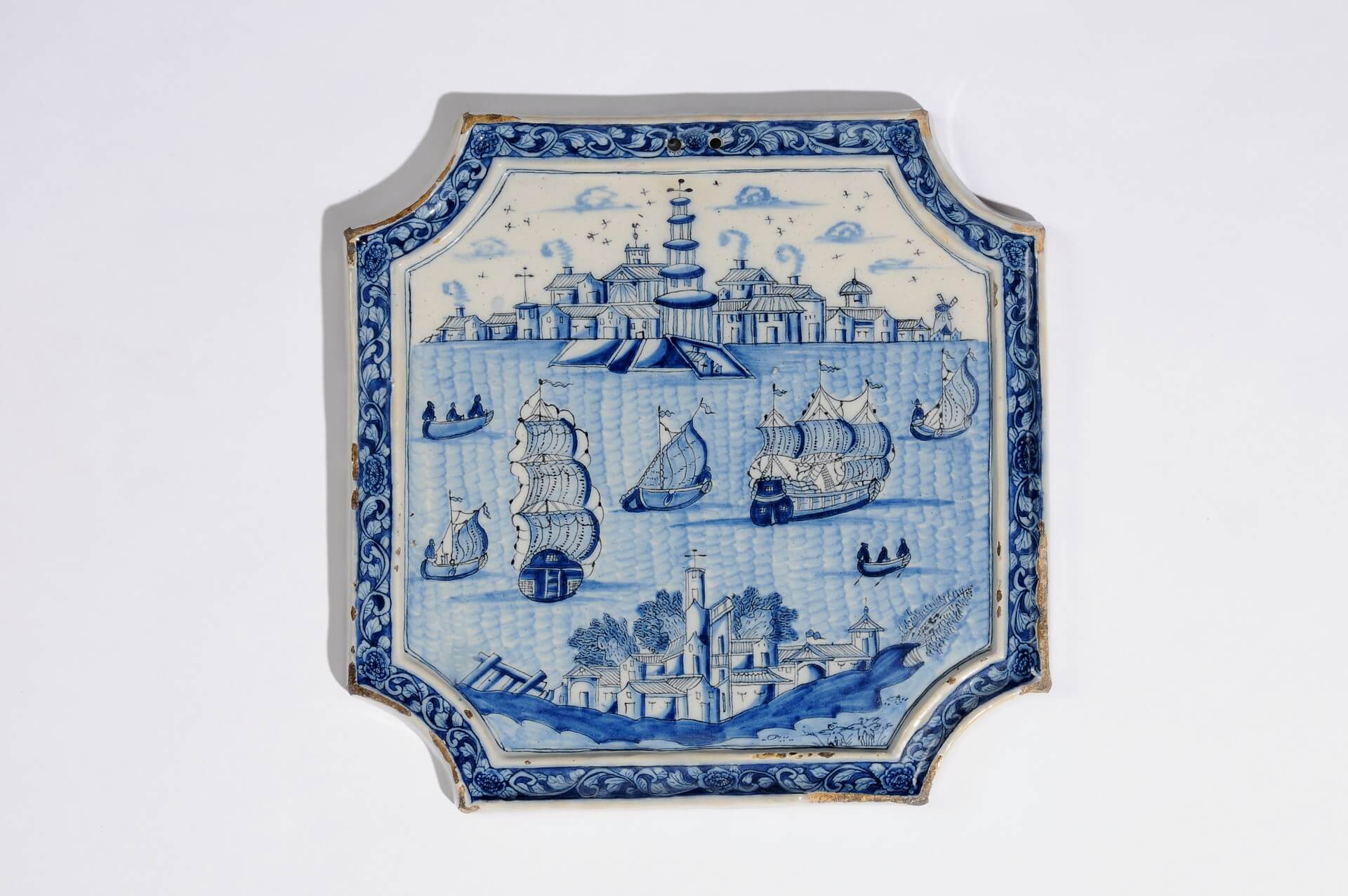 Antique Dutch Pottery Blue and White Chamfered Square Plaque