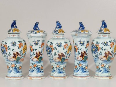 Garniture Of Polychrome Vases Antique Delft Pottery