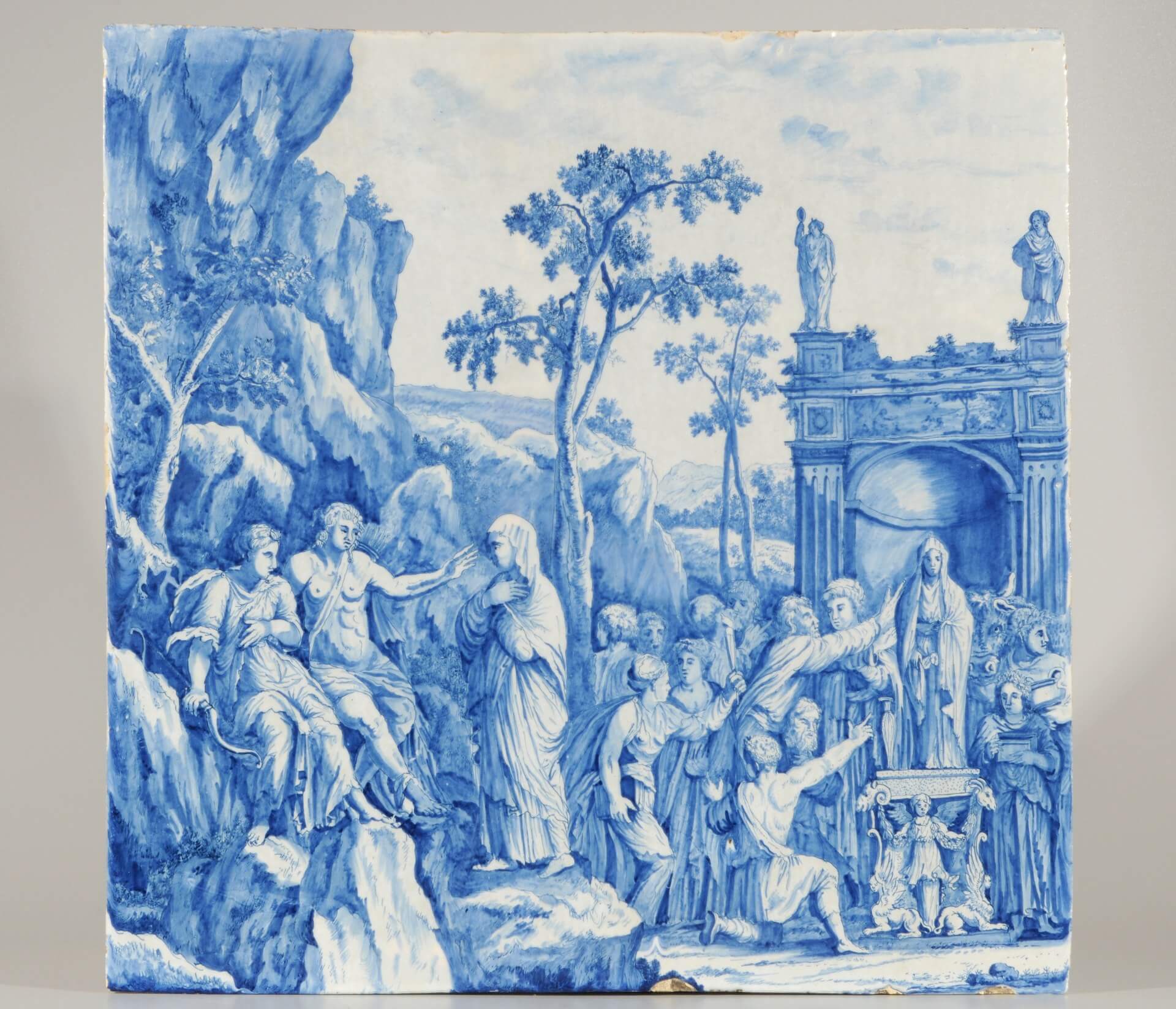 Aronson Antiquairs Delft blue pottery plaque of mythological story