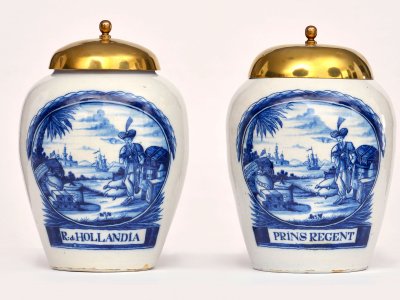 Antique Dutch Pottery Blue And White Tobacco Jars With Brass Covers