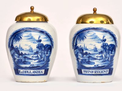 Antique Dutch Pottery Blue And White Tobacco Jars With Brass Covers