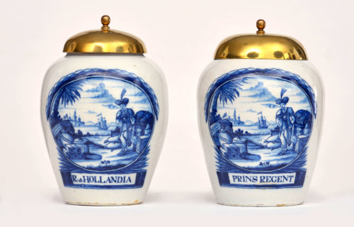 Antique Dutch Pottery Blue And White Tobacco Jars With Brass Covers