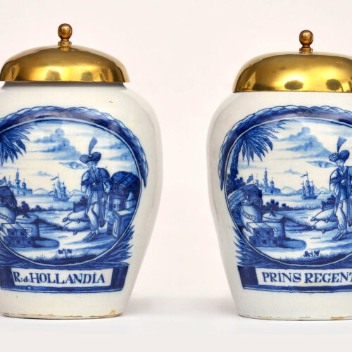 Antique Dutch Pottery Blue and White Tobacco Jars with Brass Covers