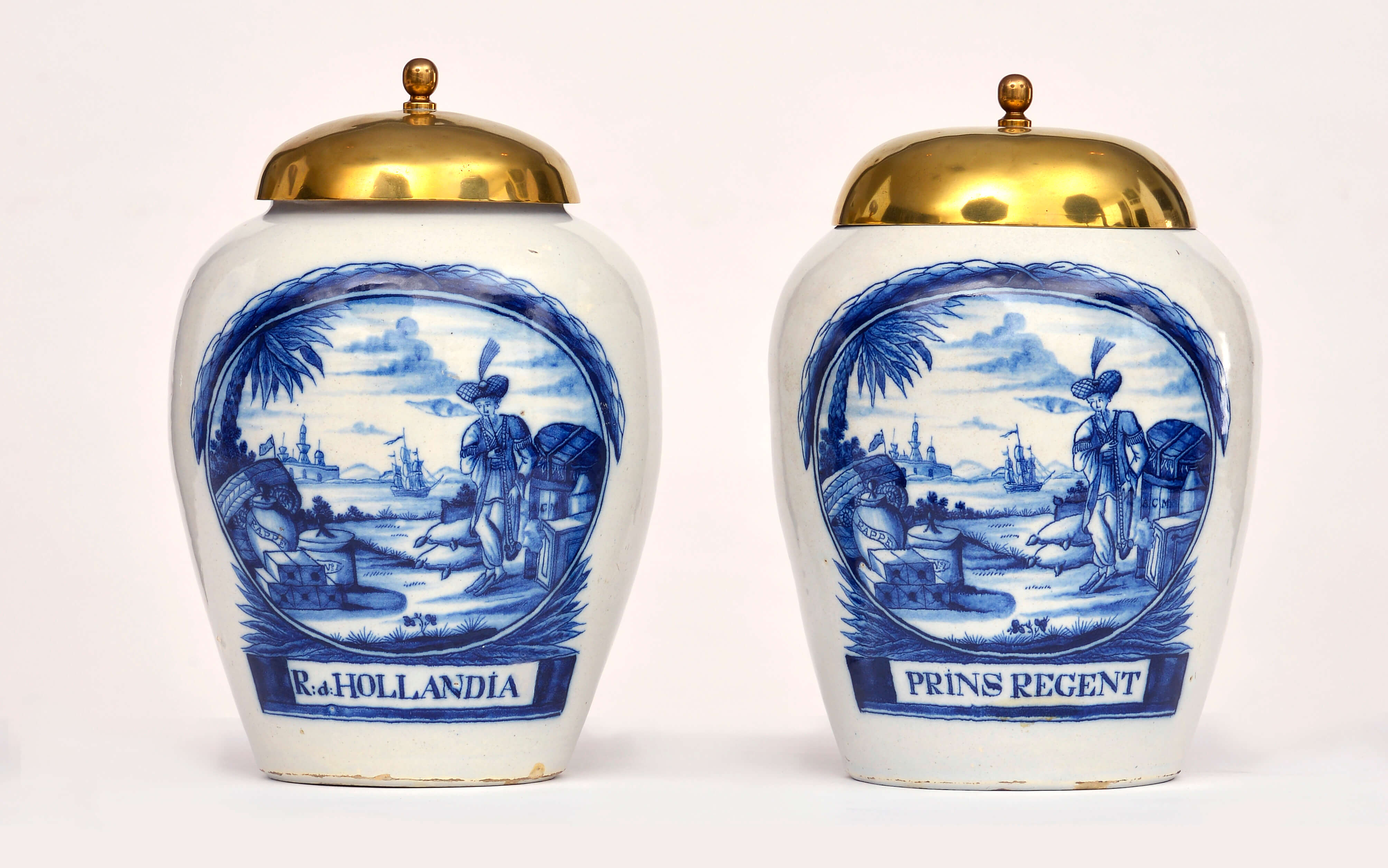 Antique Dutch Pottery Blue and White Tobacco Jars with Brass Covers