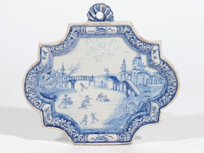 Antique Plaque Displaying A Scene Of Dutch Winter On Dutch Delftware