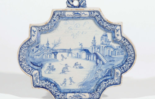 Antique Plaque Displaying A Scene Of Dutch Winter On Dutch Delftware