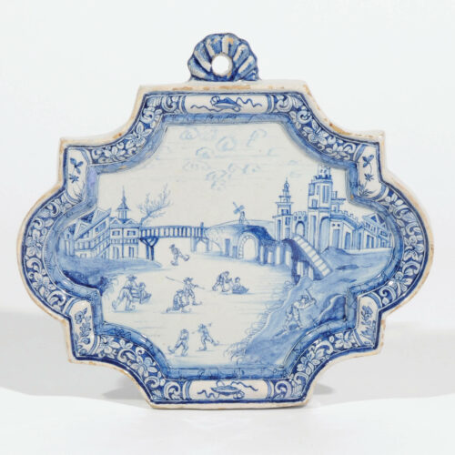 Antique Plaque Displaying A Scene Of Dutch Winter On Dutch Delftware