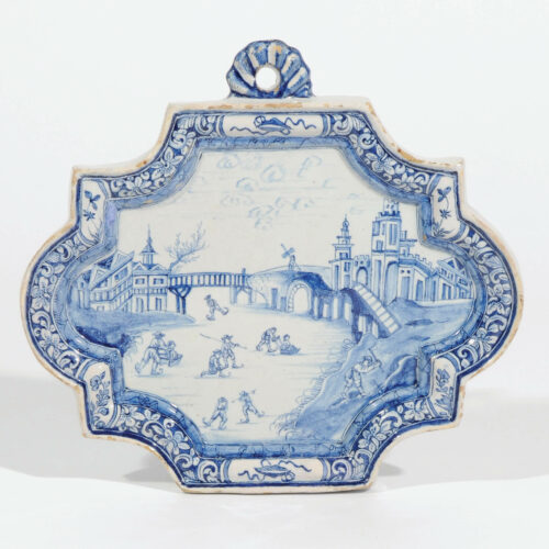 Antique plaque displaying a scene of Dutch winter on Dutch Delftware