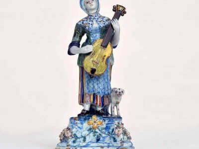Antique Polychrome Figural Of Lady Playing A Viola De Gamba Of Commedia Dell'Arte