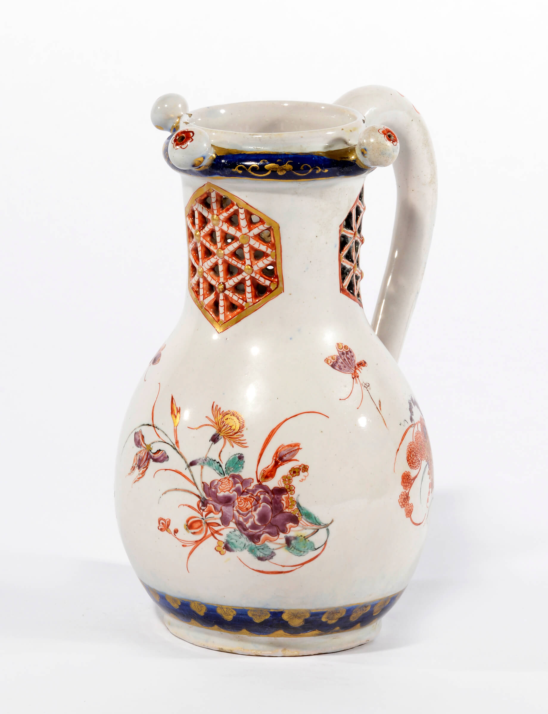 Antique petit feu polychrome puzzle jug at Aronson Antiquairs