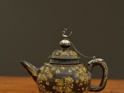 Antique Brown-Glazed Spherical Teapot And Cover With A Silver Mount At Aronson Antiquairs