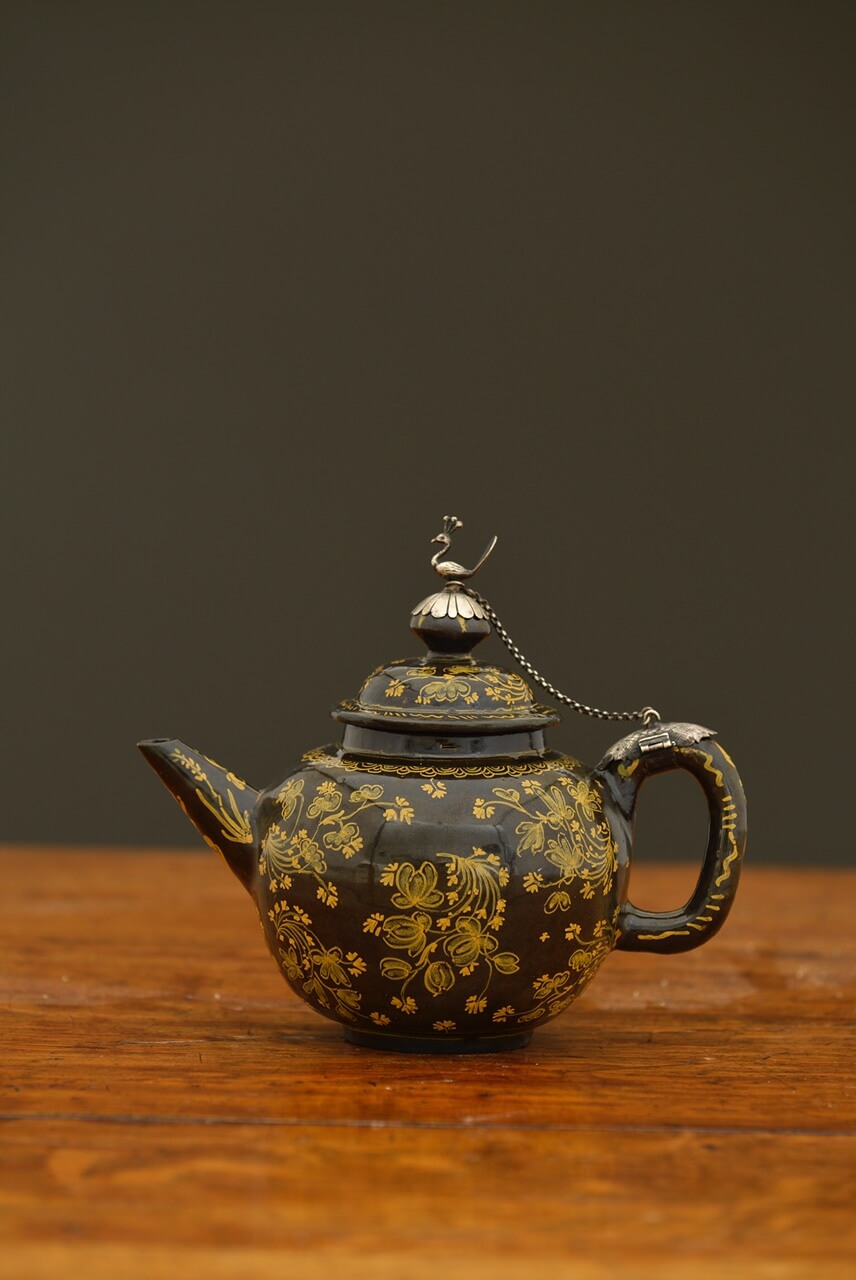 Antique Brown-Glazed Spherical Teapot and Cover with a Silver Mount at Aronson Antiquairs