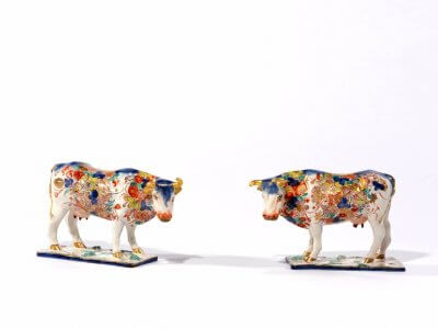 Antique Petit Feu Polychrome Gilded Cows
