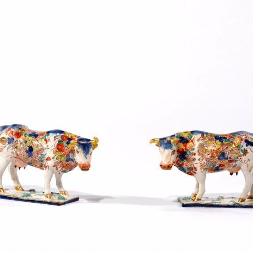 Antique Petit Feu Polychrome Gilded Cows