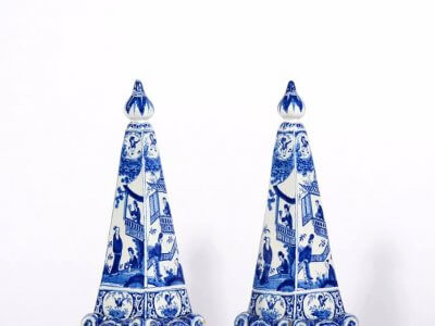 Delftware Blue And White Chinoiserie Obelisks