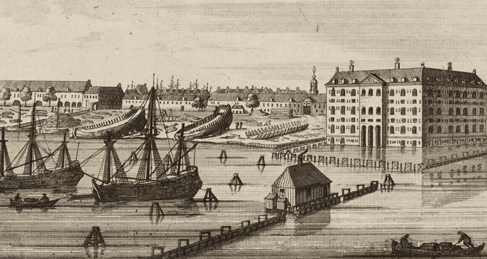 Pieter Schenk,'s Lands Zeemagazijn en de Admiraliteitswerf op Kattenburg, ca. 1710, Stadsarchief Amsterdam