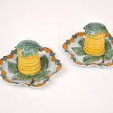 • D1458. Pair Of Polychrome Honey Pots, Covers And Stands