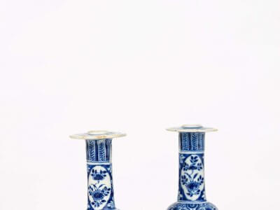 Antique Delftware Blue And White Candlesticks