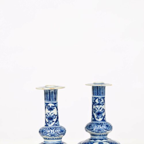 Antique Delftware Blue And White Candlesticks